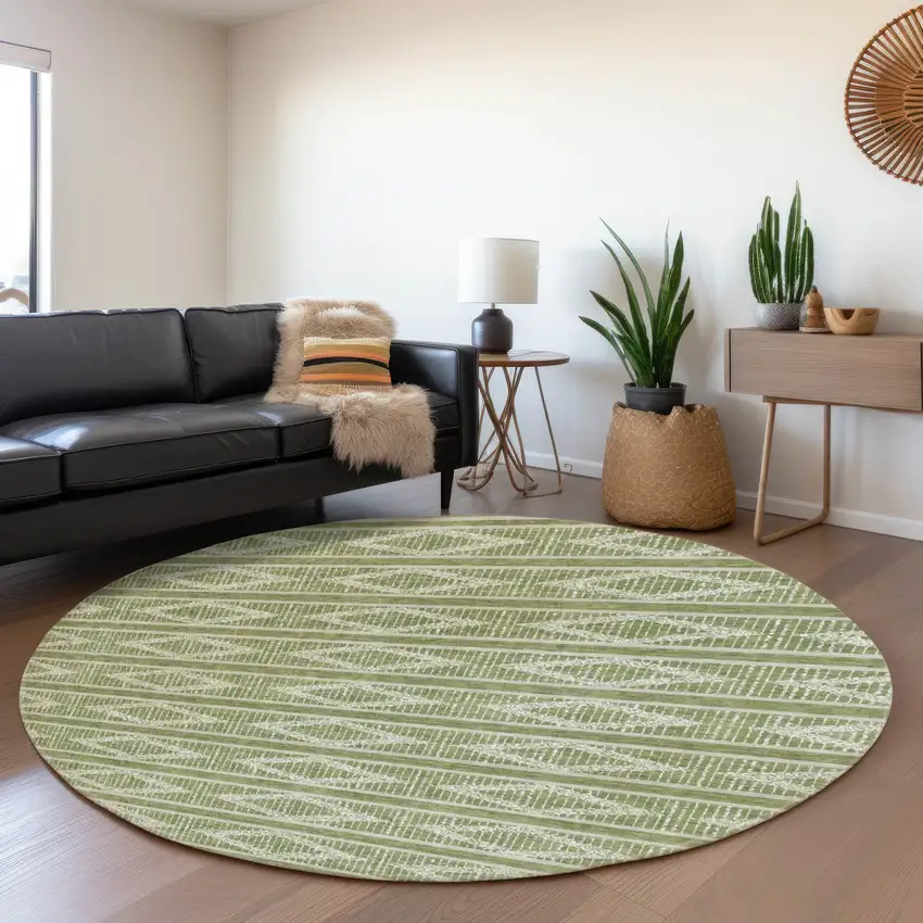 8' Green And Beige Geometric Washable Round Rug With UV Protection Photo 4