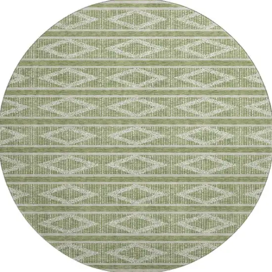 8' Green And Beige Geometric Washable Round Rug With UV Protection Photo 2