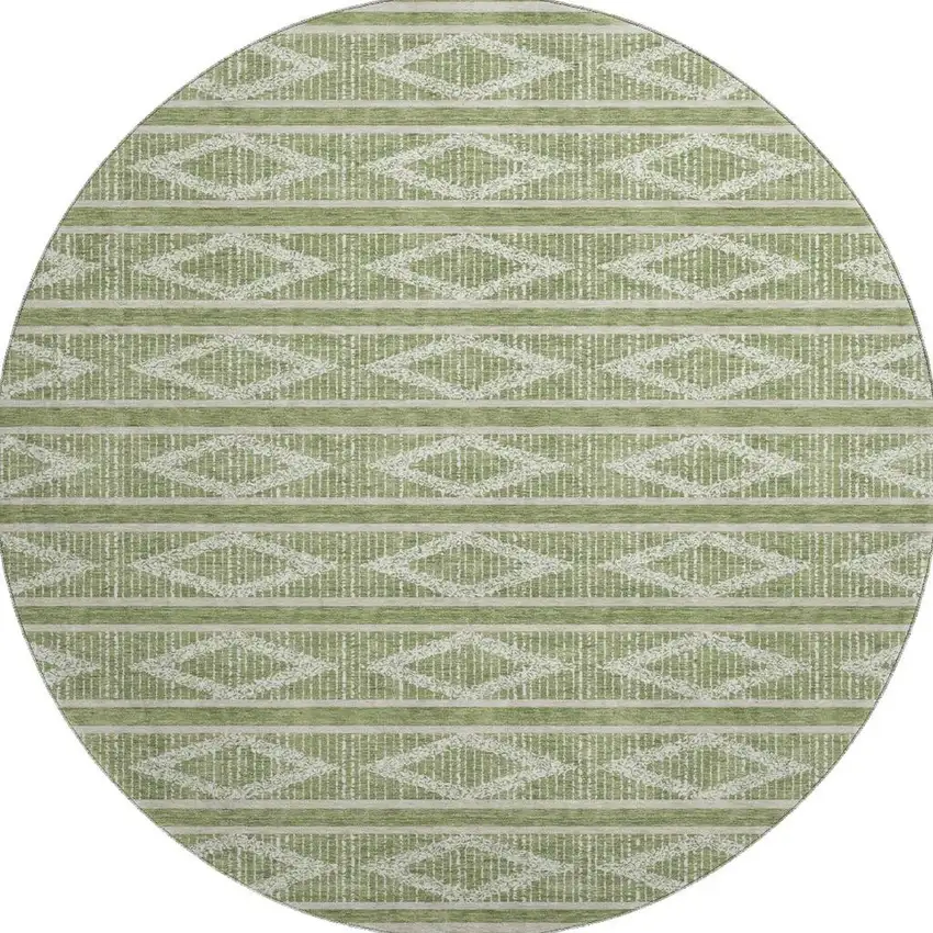 8' Green And Beige Geometric Washable Round Rug With UV Protection Photo 2
