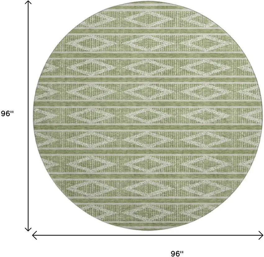 8' Green And Beige Geometric Washable Round Rug With UV Protection Photo 9