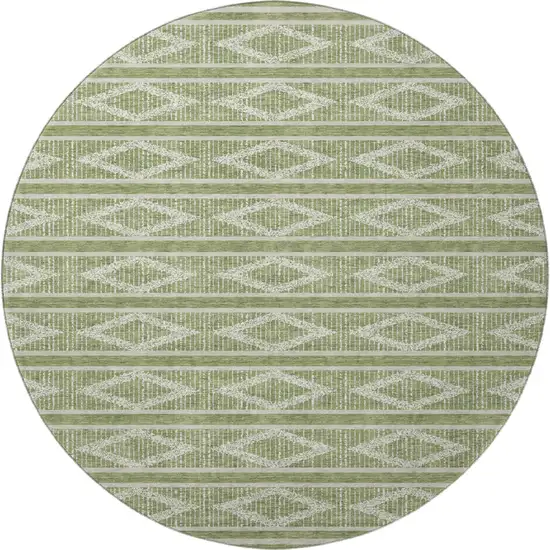 8' Green And Beige Geometric Washable Round Rug With UV Protection Photo 3