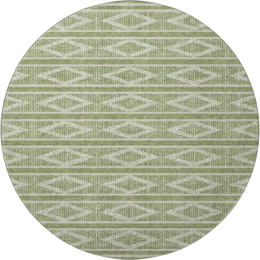 8' Green And Beige Geometric Washable Round Rug With UV Protection Photo 3