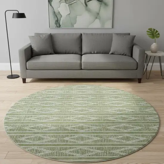 8' Green And Beige Geometric Washable Round Rug With UV Protection Photo 2