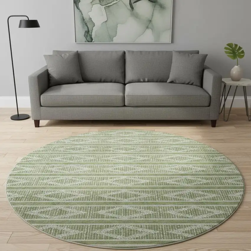 8' Green And Beige Geometric Washable Round Rug With UV Protection Photo 2