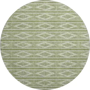 Photo of 8' Green And Beige Geometric Washable Round Rug With UV Protection
