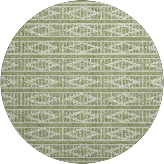 8' Green And Beige Geometric Washable Round Rug With UV Protection Photo 1