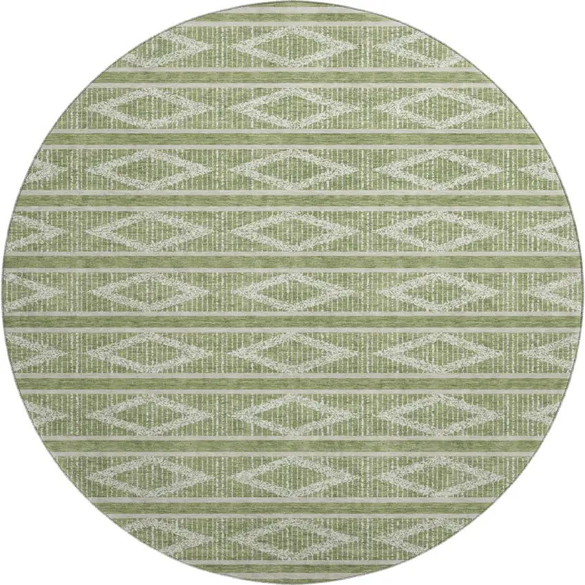 8' Green And Beige Geometric Washable Round Rug With UV Protection Photo 1