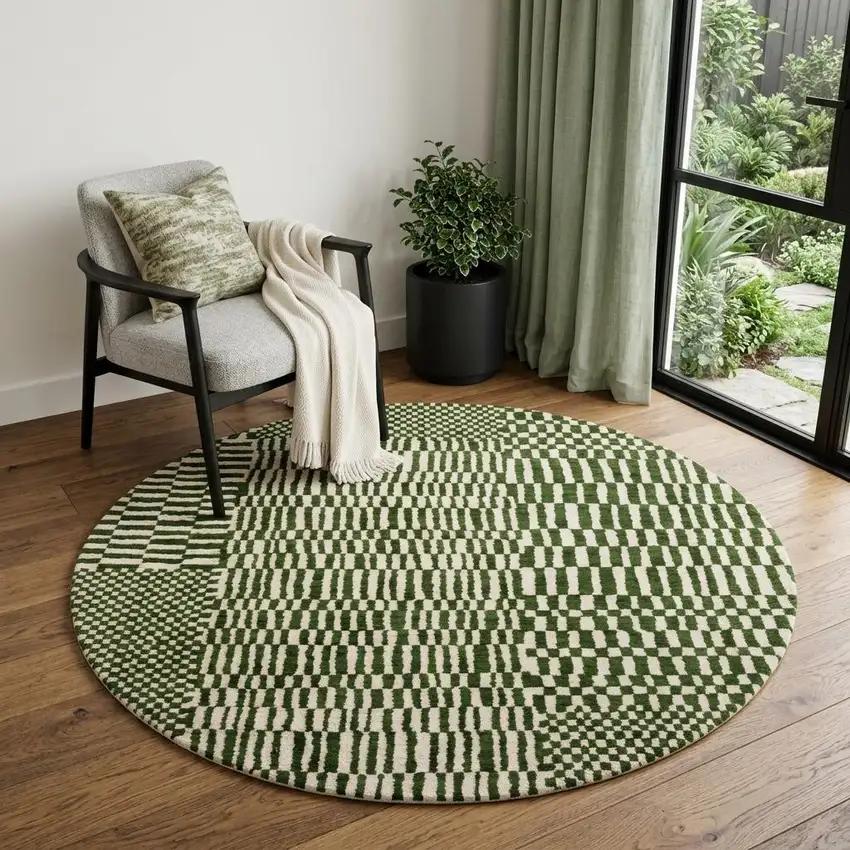 5' Green And Beige Geometric Washable Round Rug With UV Protection Photo 1