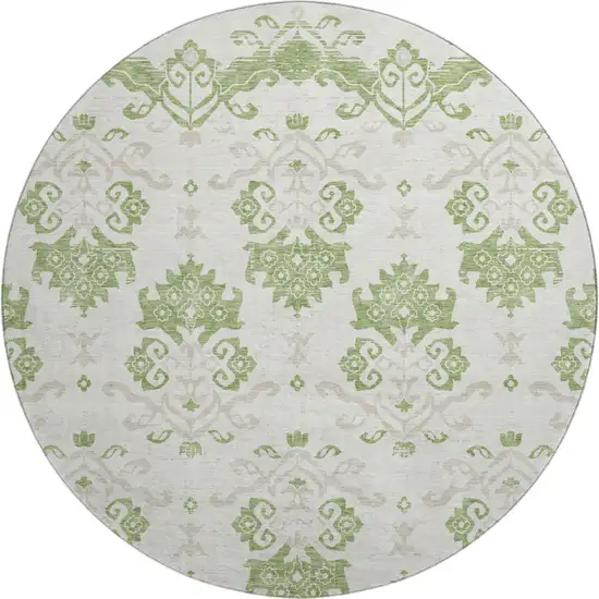 8' Green And Beige Medallion Washable Round Rug With UV Protection Photo 1