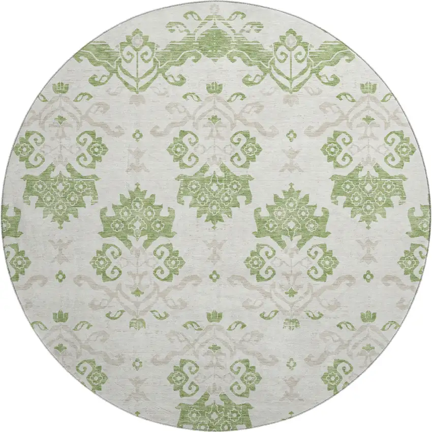 8' Green And Beige Medallion Washable Round Rug With UV Protection Photo 1