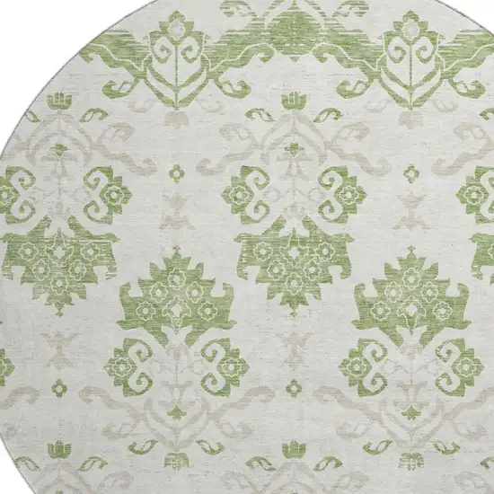 8' Green And Beige Medallion Washable Round Rug With UV Protection Photo 3