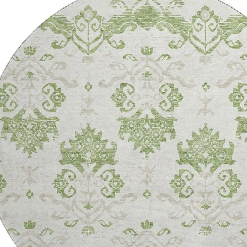8' Green And Beige Medallion Washable Round Rug With UV Protection Photo 3