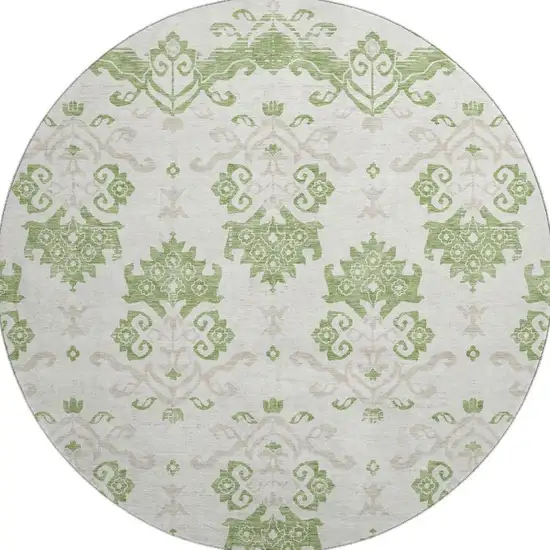 8' Green And Beige Medallion Washable Round Rug With UV Protection Photo 4