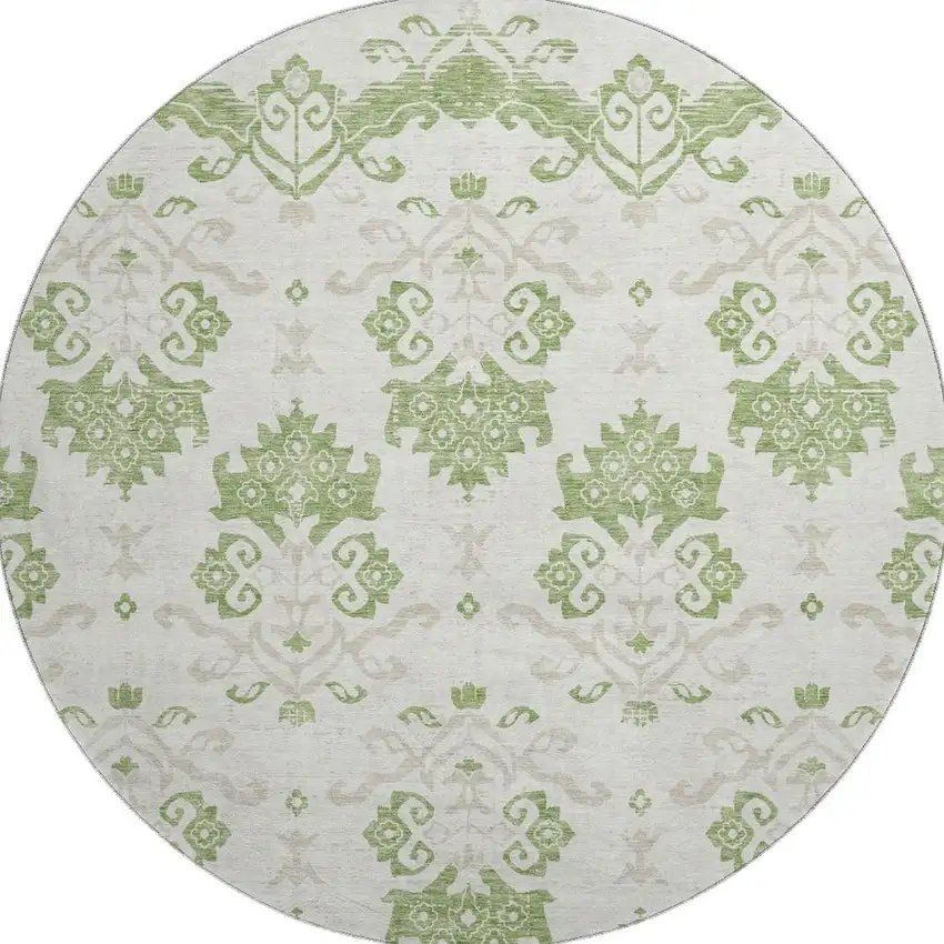 8' Green And Beige Medallion Washable Round Rug With UV Protection Photo 4