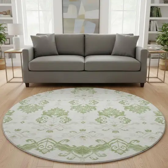 8' Green And Beige Medallion Washable Round Rug With UV Protection Photo 2