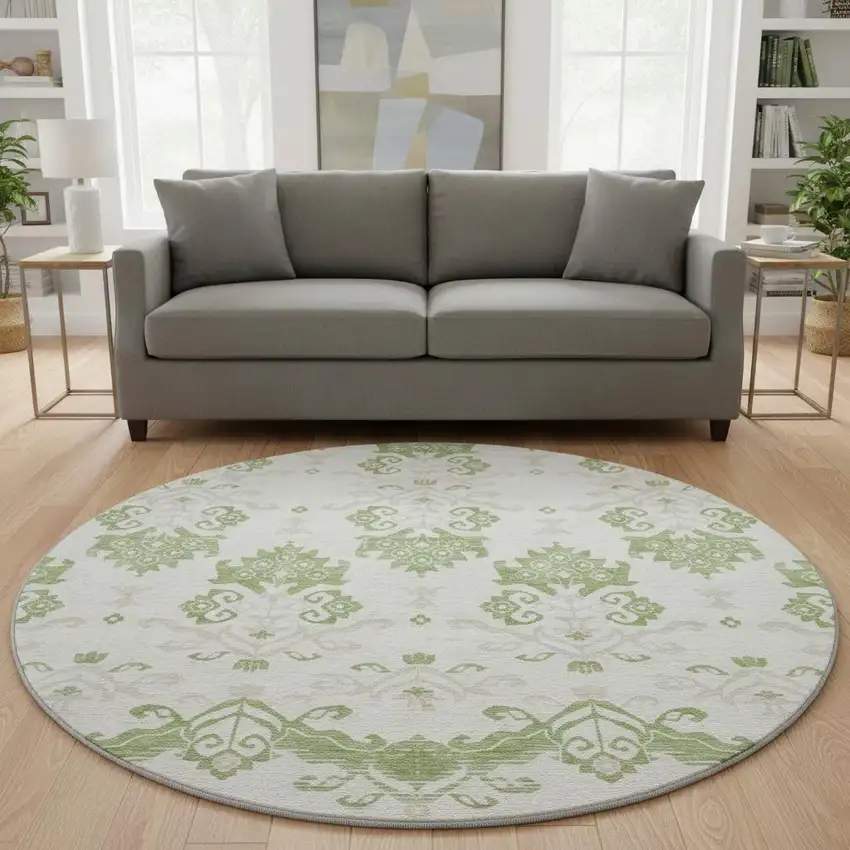 8' Green And Beige Medallion Washable Round Rug With UV Protection Photo 2