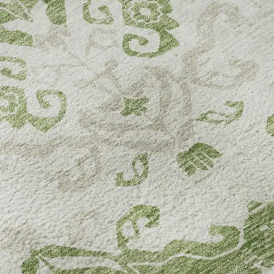 8' Green And Beige Medallion Washable Round Rug With UV Protection Photo 9