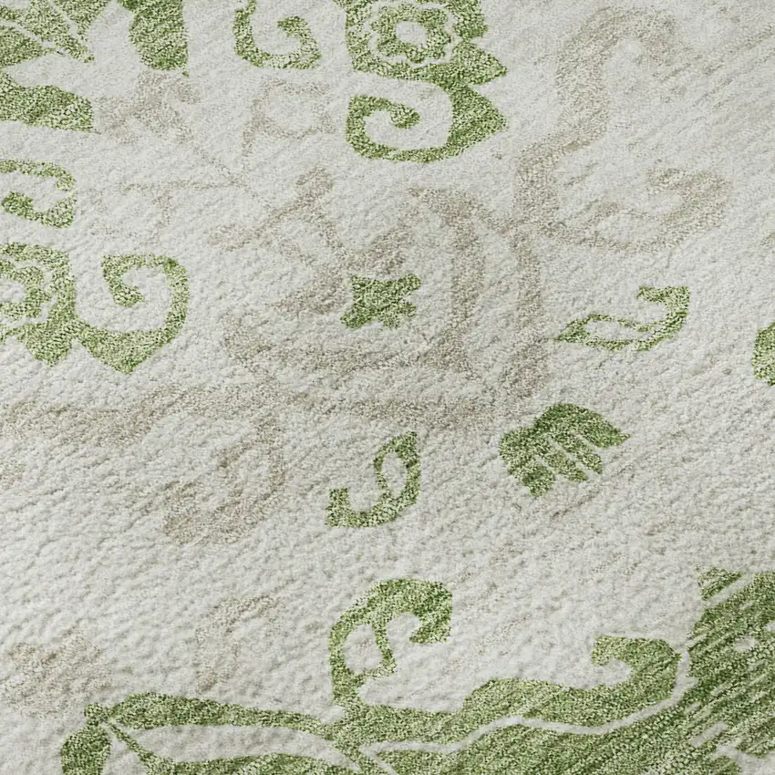 8' Green And Beige Medallion Washable Round Rug With UV Protection Photo 9