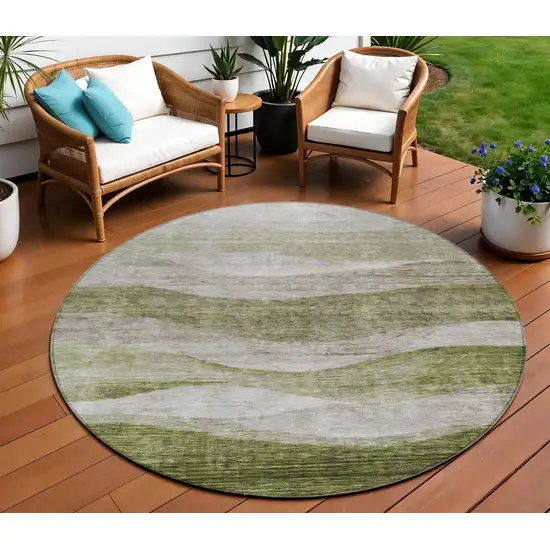 8' Green And Beige Round Abstract Washable Indoor Outdoor Area Rug Photo 1