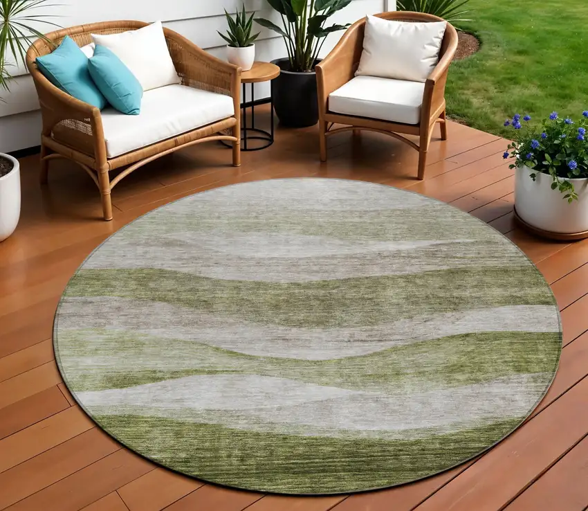 8' Green And Beige Round Abstract Washable Indoor Outdoor Area Rug Photo 1