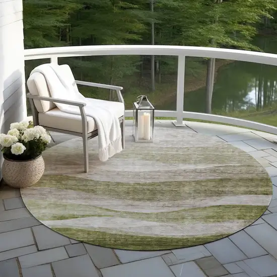 8' Green And Beige Round Abstract Washable Indoor Outdoor Area Rug Photo 6