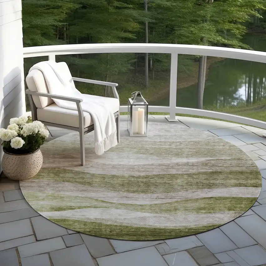 8' Green And Beige Round Abstract Washable Indoor Outdoor Area Rug Photo 6