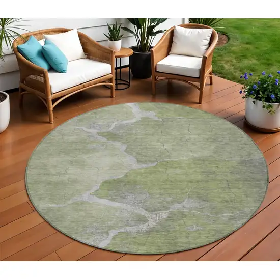 8' Green And Beige Round Abstract Washable Indoor Outdoor Area Rug Photo 2