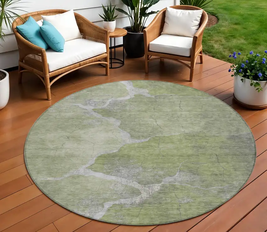 8' Green And Beige Round Abstract Washable Indoor Outdoor Area Rug Photo 2