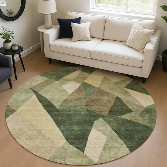 8' Green And Beige Round Abstract Washable Indoor Outdoor Area Rug Photo 5