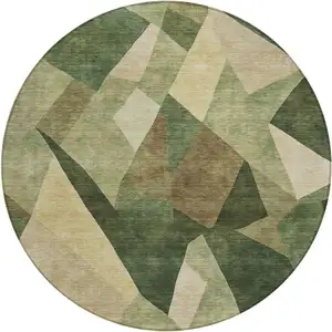 Photo of 8' Green And Beige Round Abstract Washable Indoor Outdoor Area Rug