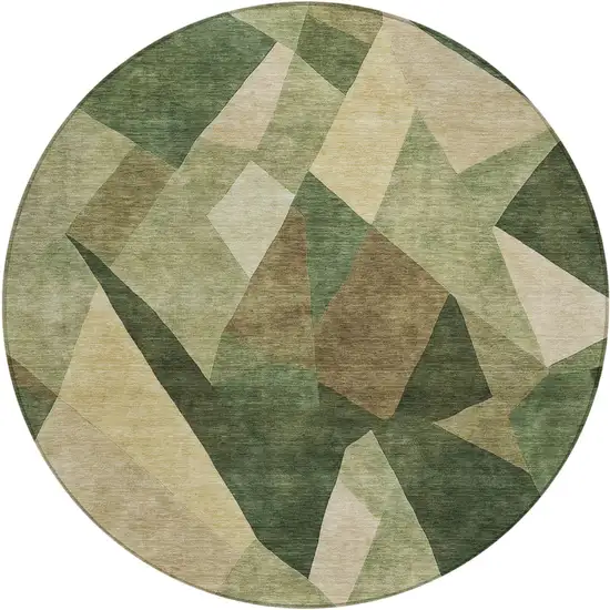 8' Green And Beige Round Abstract Washable Indoor Outdoor Area Rug Photo 1