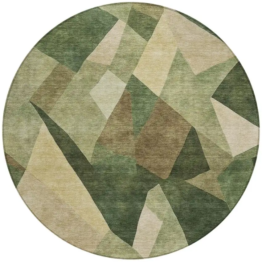 8' Green And Beige Round Abstract Washable Indoor Outdoor Area Rug Photo 3