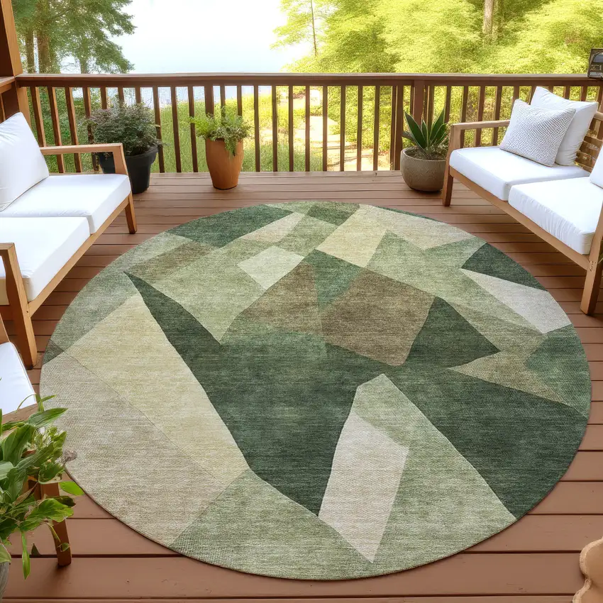 8' Green And Beige Round Abstract Washable Indoor Outdoor Area Rug Photo 4