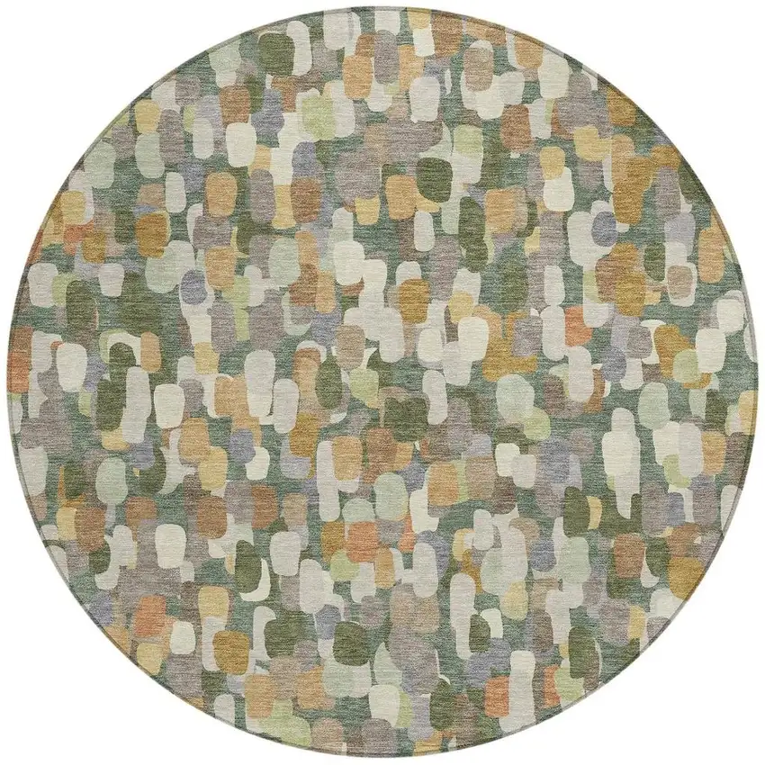 8' Green And Beige Round Abstract Washable Indoor Outdoor Area Rug Photo 3