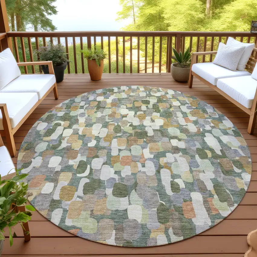 8' Green And Beige Round Abstract Washable Indoor Outdoor Area Rug Photo 4