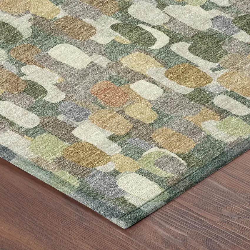 8' Green And Beige Round Abstract Washable Indoor Outdoor Area Rug Photo 6