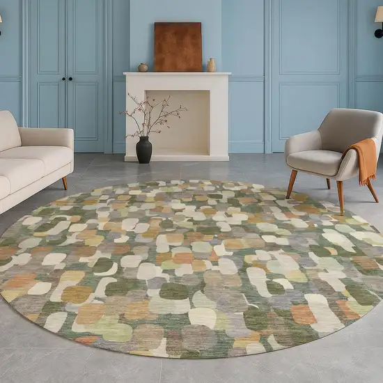 8' Green And Beige Round Abstract Washable Indoor Outdoor Area Rug Photo 5