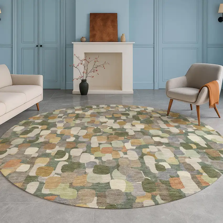 8' Green And Beige Round Abstract Washable Indoor Outdoor Area Rug Photo 5