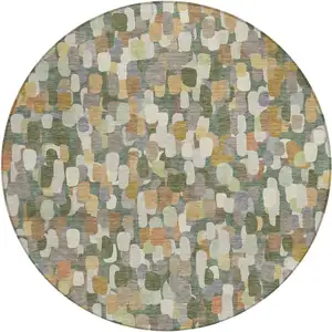 Photo of 8' Green And Beige Round Abstract Washable Indoor Outdoor Area Rug