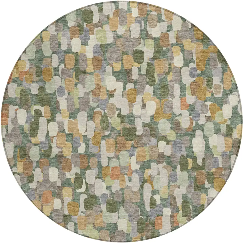 8' Green And Beige Round Abstract Washable Indoor Outdoor Area Rug Photo 1