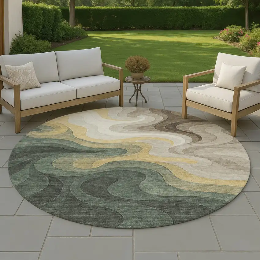 8' Green And Beige Round Abstract Washable Indoor Outdoor Area Rug Photo 4