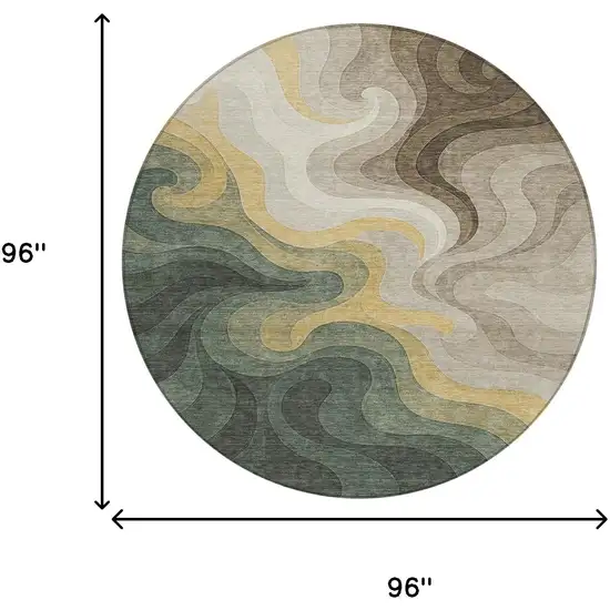 8' Green And Beige Round Abstract Washable Indoor Outdoor Area Rug Photo 8