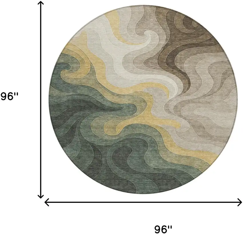 8' Green And Beige Round Abstract Washable Indoor Outdoor Area Rug Photo 8