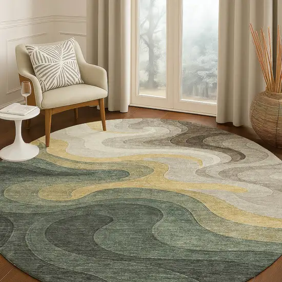 8' Green And Beige Round Abstract Washable Indoor Outdoor Area Rug Photo 5