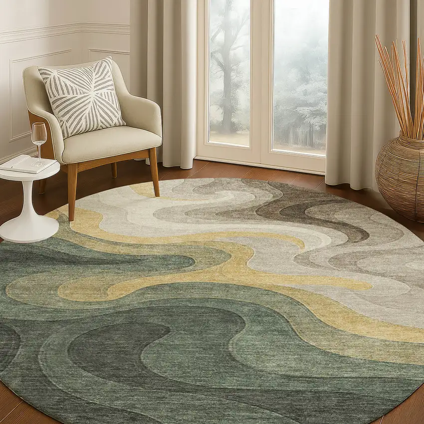 8' Green And Beige Round Abstract Washable Indoor Outdoor Area Rug Photo 5