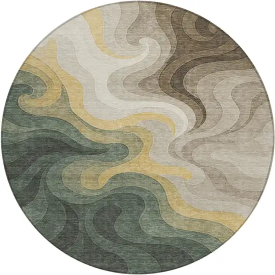 8' Green And Beige Round Abstract Washable Indoor Outdoor Area Rug Photo 1