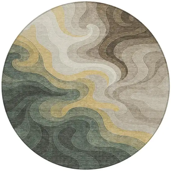 8' Green And Beige Round Abstract Washable Indoor Outdoor Area Rug Photo 3