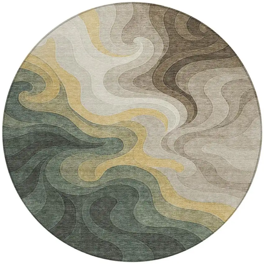 8' Green And Beige Round Abstract Washable Indoor Outdoor Area Rug Photo 3