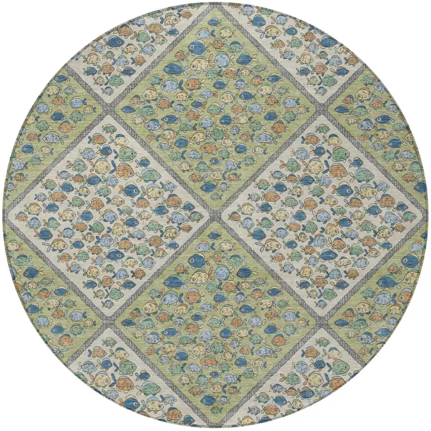 8' Green And Beige Round Abstract Washable Indoor Outdoor Area Rug Photo 3