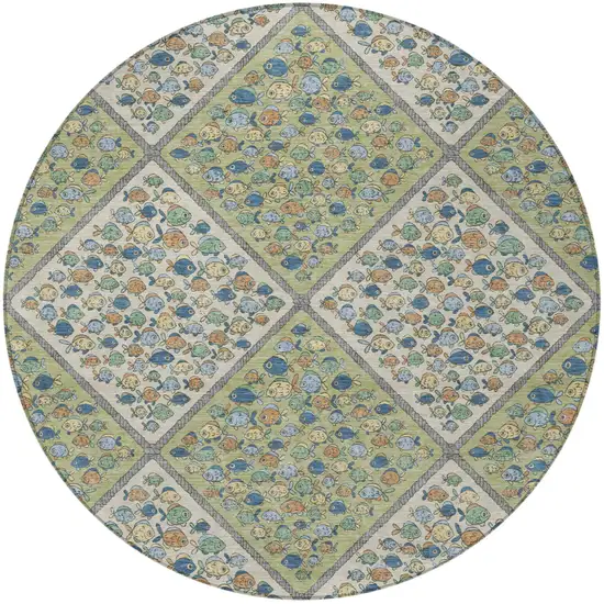8' Green And Beige Round Abstract Washable Indoor Outdoor Area Rug Photo 3